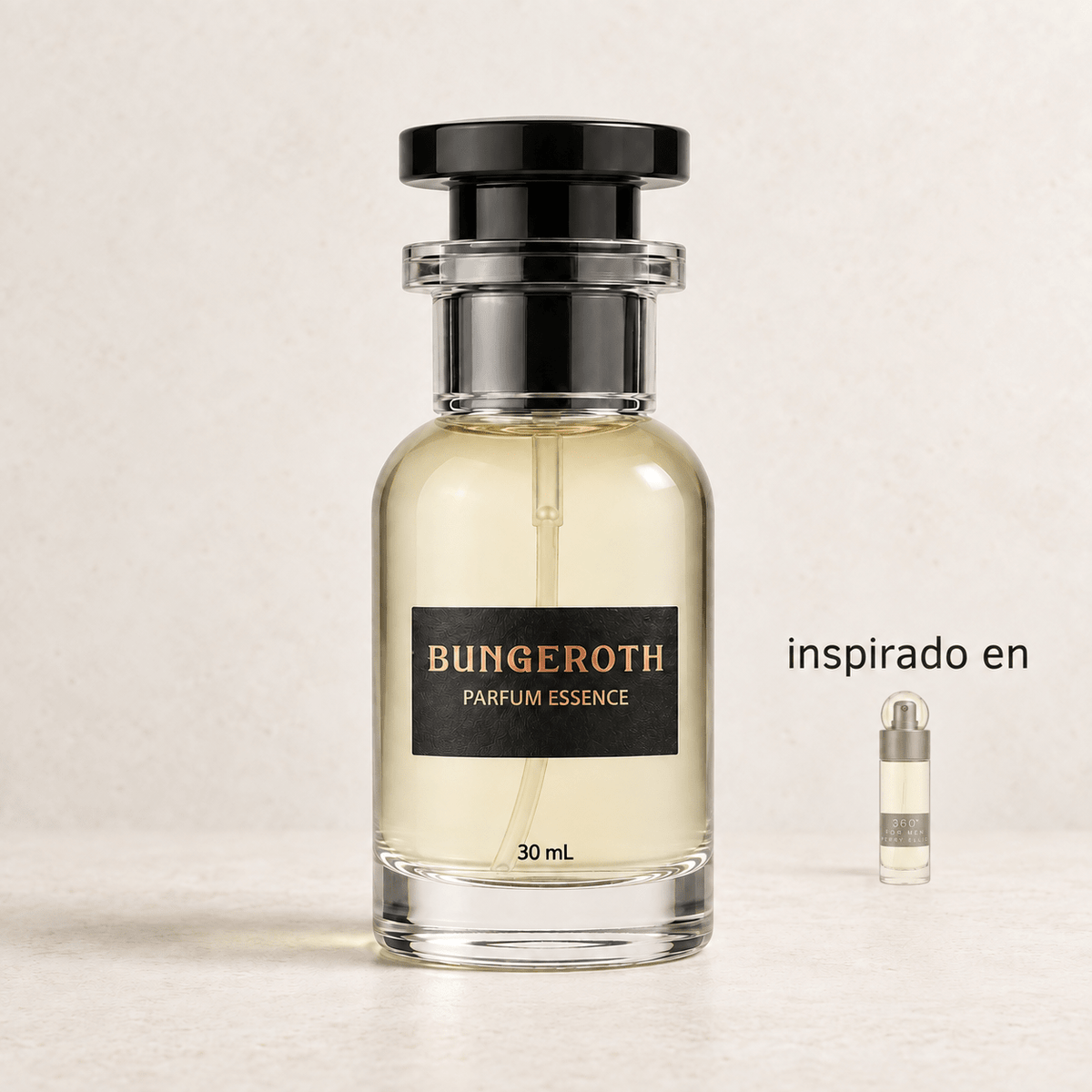Horizonte Clásico(Inspirado Perry Ellis 360 Tradicional men) — envase Bungeroth 30 mL sobre piedra clara