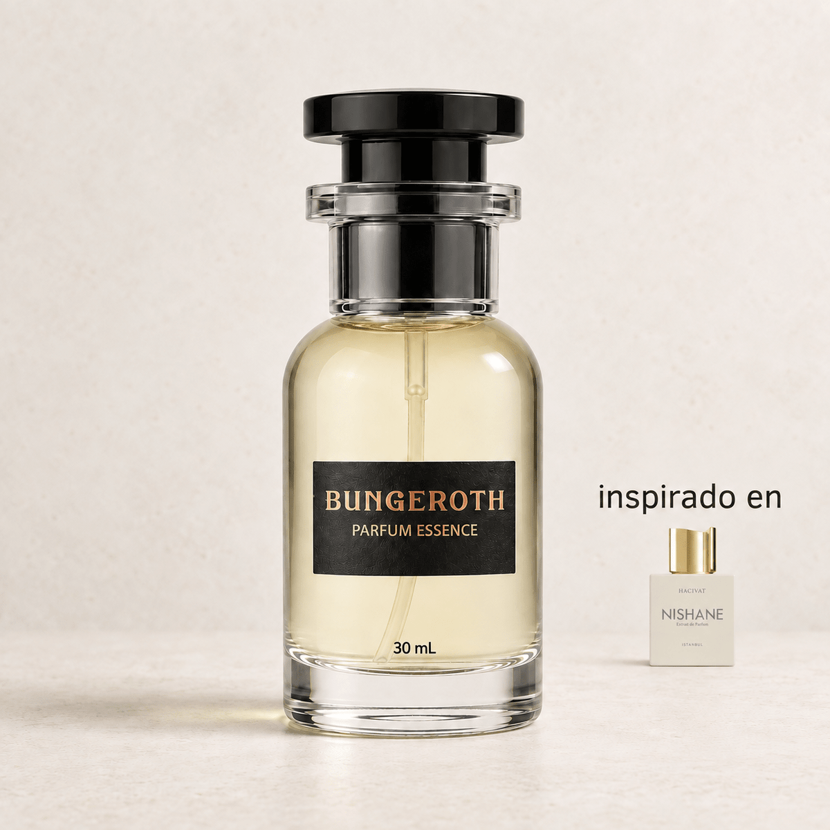 Imperial Green (Inspirado en Hacivat de Nishane) — envase Bungeroth 30 mL sobre piedra clara