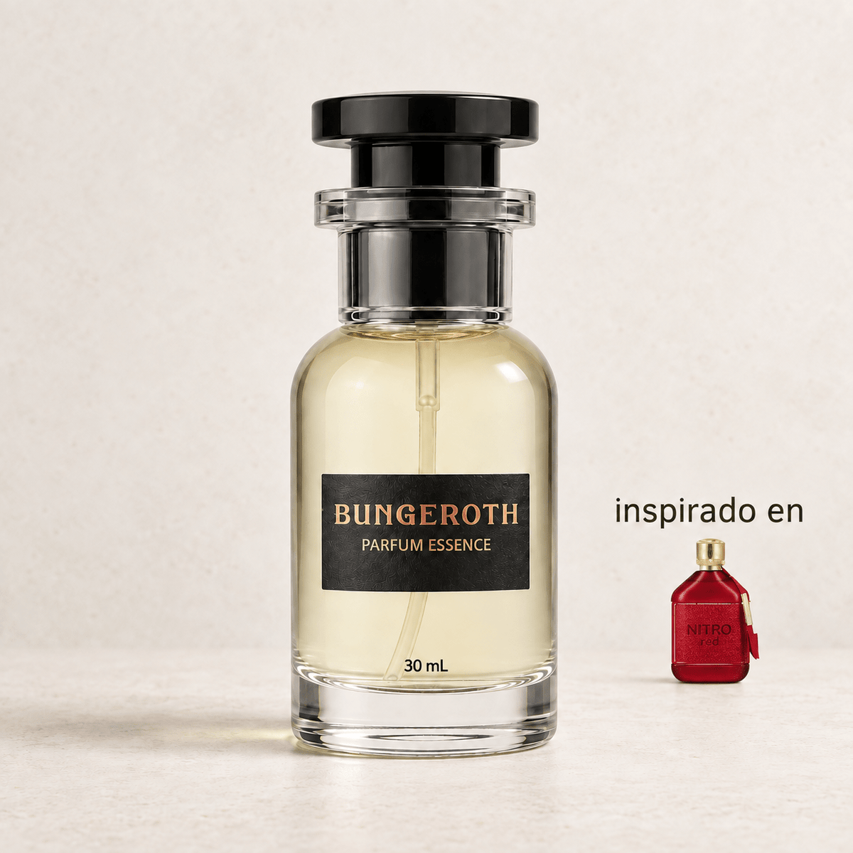 Impulso Carmesí – Caballero (Inspirado en Nitro Red) — envase Bungeroth 30 mL sobre piedra clara