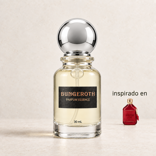 Impulso Carmesí – Caballero (Inspirado en Nitro Red) — envase Bungeroth 30 mL sobre piedra clara