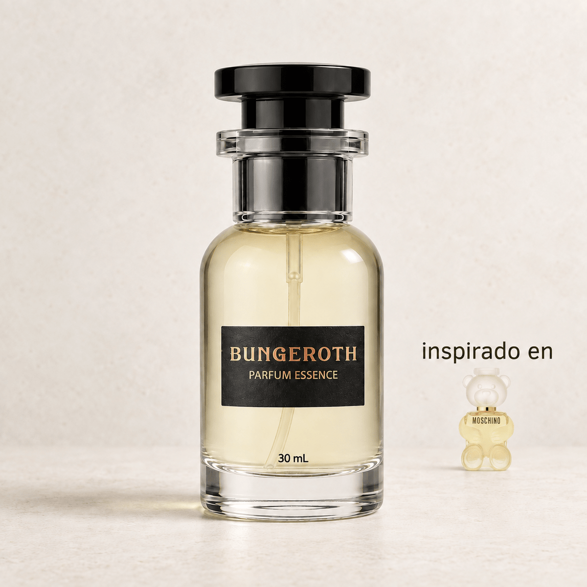 Juego de Elegancia(Inspirado en Moschino Toy 2 Dama) — envase Bungeroth 30 mL sobre piedra clara