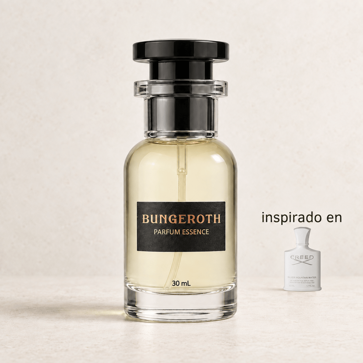 Luna Plateada(Inspirado Creed Silver men) — envase Bungeroth 30 mL sobre piedra clara