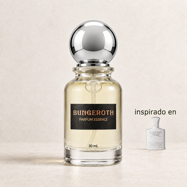 Luna Plateada(Inspirado Creed Silver men) — envase Bungeroth 30 mL sobre piedra clara
