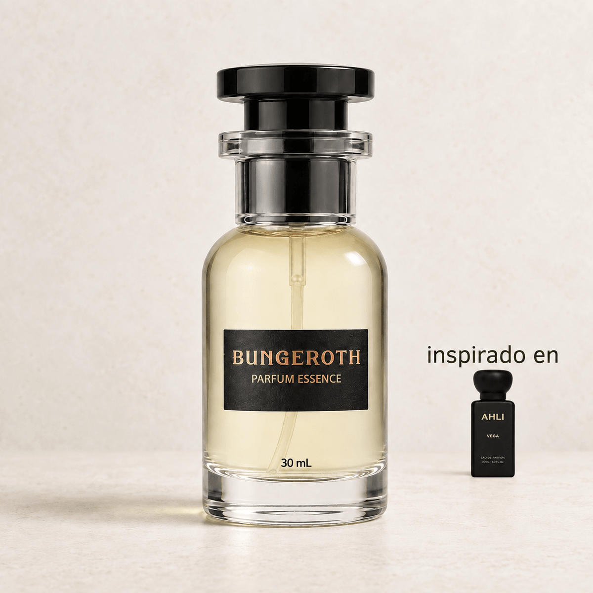 Luz de Vega(Inspirado en Ahli Vega Unisex) — envase Bungeroth 30 mL sobre piedra clara