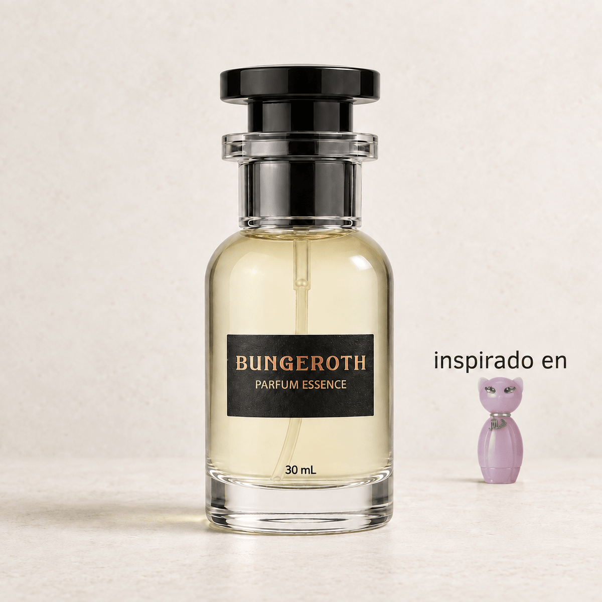 Miau Místico(Inspirado en Katy Perry Meow Dama) — envase Bungeroth 30 mL sobre piedra clara