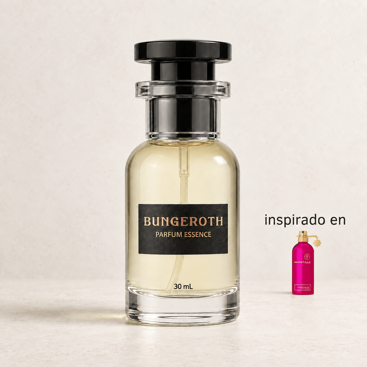 Musa de Rosas(Inspirado en Montale Roses Musk Unisex) — envase Bungeroth 30 mL sobre piedra clara