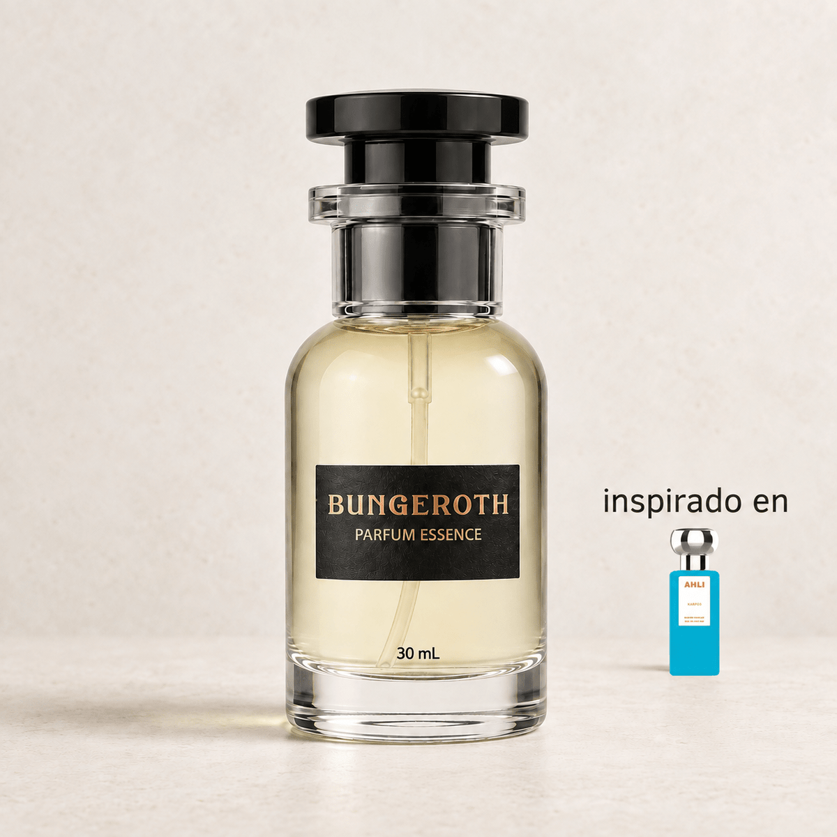 Myrrha Bloom (Inspirado en Ahli Karpos unisex) — envase Bungeroth 30 mL sobre piedra clara