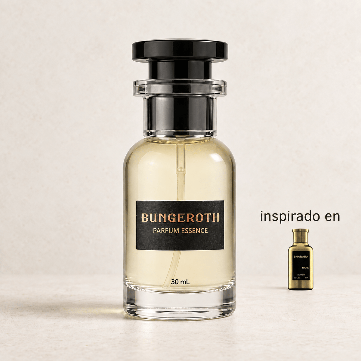 Mystic Aura (Inspirado en Bharara Niche Unisex) — envase Bungeroth 30 mL sobre piedra clara