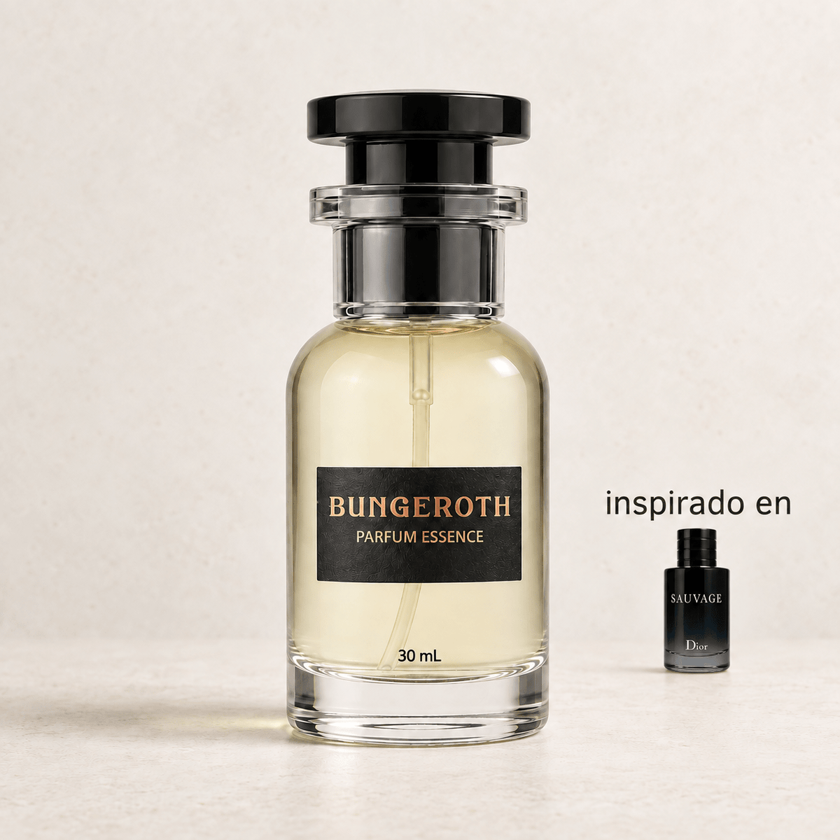 Naturaleza Salvaje(Inspirado Christian Dior Sauvage men) — envase Bungeroth 30 mL sobre piedra clara