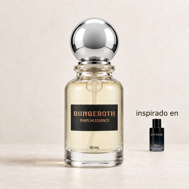 Naturaleza Salvaje(Inspirado Christian Dior Sauvage men) — envase Bungeroth 30 mL sobre piedra clara