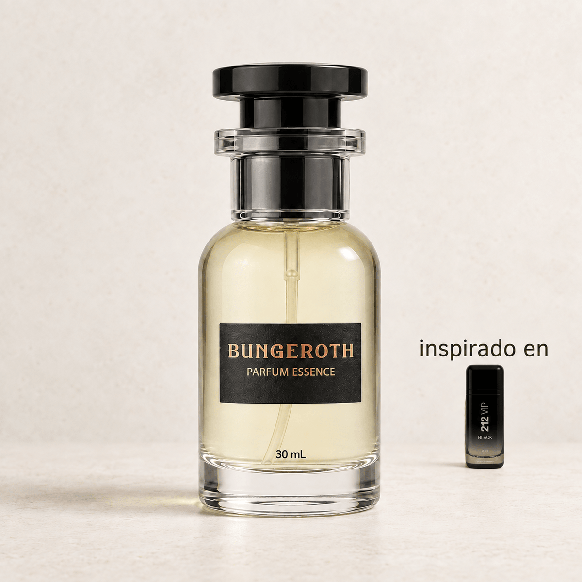 Noche Élite(Inspirado Ch 212 VIP Black men) — envase Bungeroth 30 mL sobre piedra clara