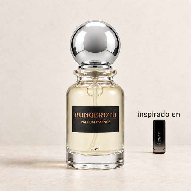 Noche Élite(Inspirado Ch 212 VIP Black men) — envase Bungeroth 30 mL sobre piedra clara