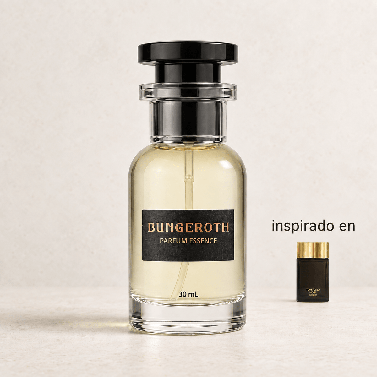 Noche Imperial – Caballero (Inspirado en Tom Ford Noir Extreme) — envase Bungeroth 30 mL sobre piedra clara