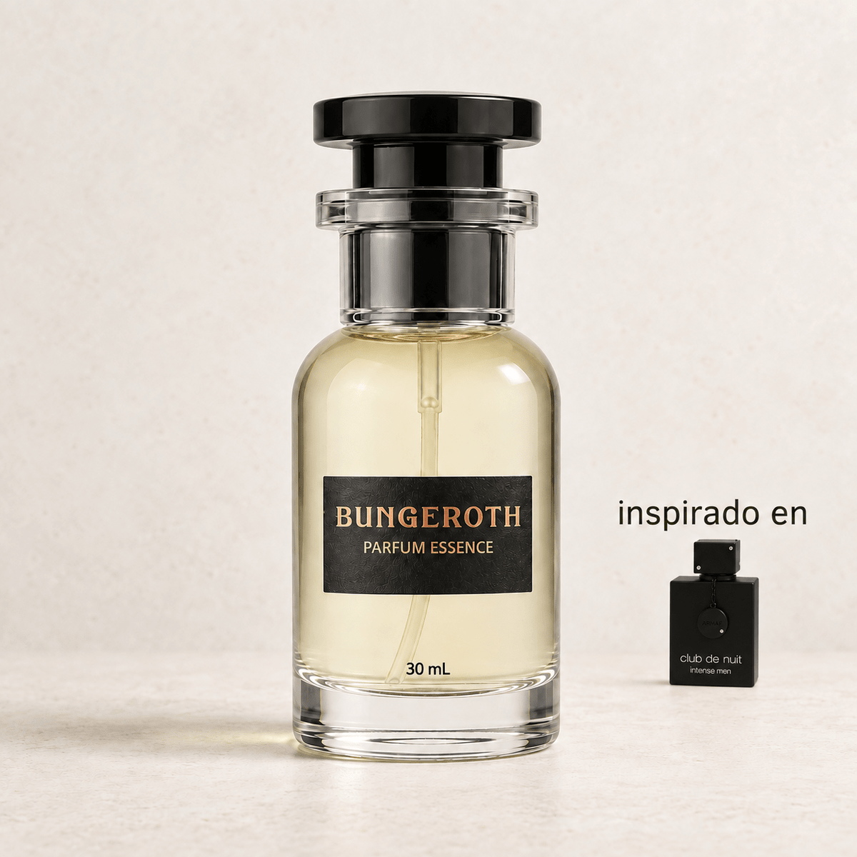 Noche Intensa(Inspirado en Armaf Club de Nuit Intense Men) — envase Bungeroth 30 mL sobre piedra clara