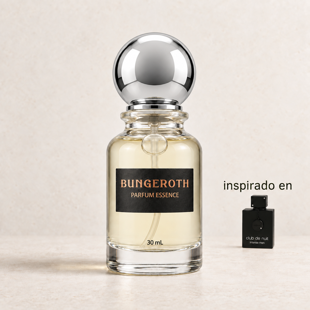 Noche Intensa(Inspirado en Armaf Club de Nuit Intense Men) — envase Bungeroth 30 mL sobre piedra clara