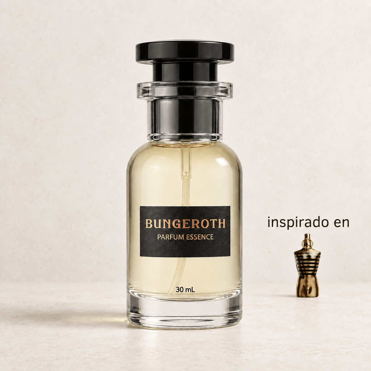 Nocturnal Charm (Inspirado en Le Male Elixir men) — envase Bungeroth 30 mL sobre piedra clara