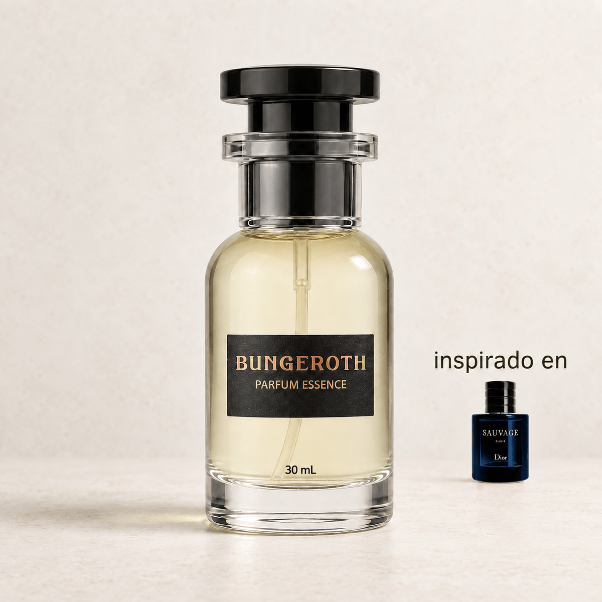 Nocturne Ember (inspirado en Sauvage Elixir men) — envase Bungeroth 30 mL sobre piedra clara
