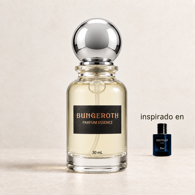 Nocturne Ember (inspirado en Sauvage Elixir men) — envase Bungeroth 30 mL sobre piedra clara
