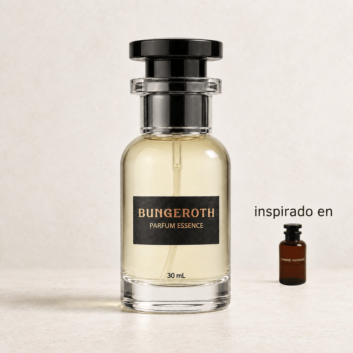 Nocturne Oud(Inspirado Louis vuitton ombre nomade) — envase Bungeroth 30 mL sobre piedra clara