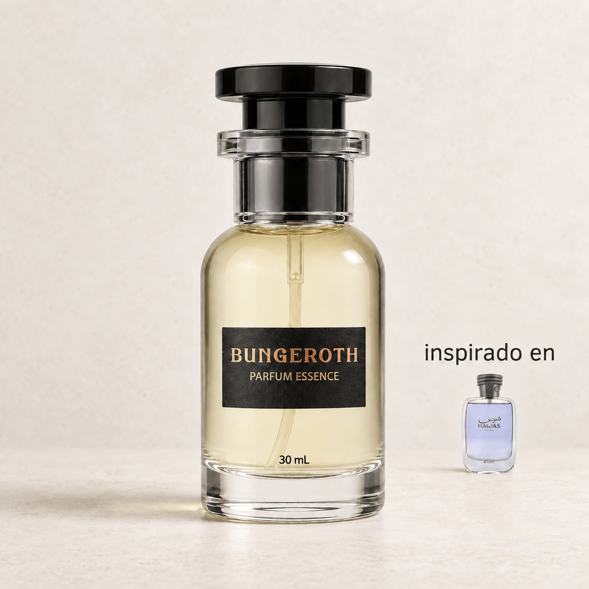 Oceanic Lust (Inspirado en Hawas de Rasasi for Him men) — envase Bungeroth 30 mL sobre piedra clara
