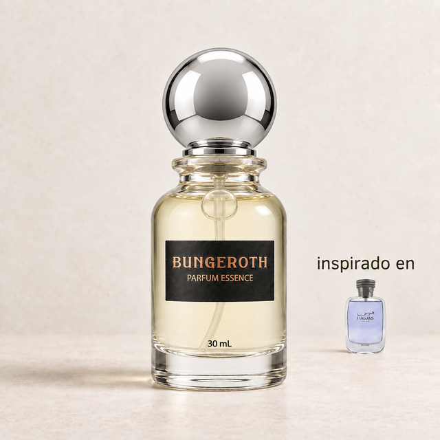 Oceanic Lust (Inspirado en Hawas de Rasasi for Him men) — envase Bungeroth 30 mL sobre piedra clara