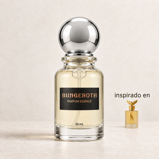 Orgullo Dorado(Inspirado en Lattafa Pride Shaheen Gold Men) — envase Bungeroth 30 mL sobre piedra clara