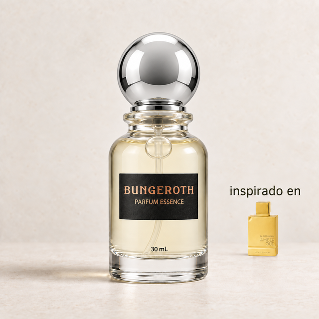 Oro de Ámbar y Oud(Inspirado en Al Haramain Amber Oud Gold Edition Unisex) — envase Bungeroth 30 mL sobre piedra clara