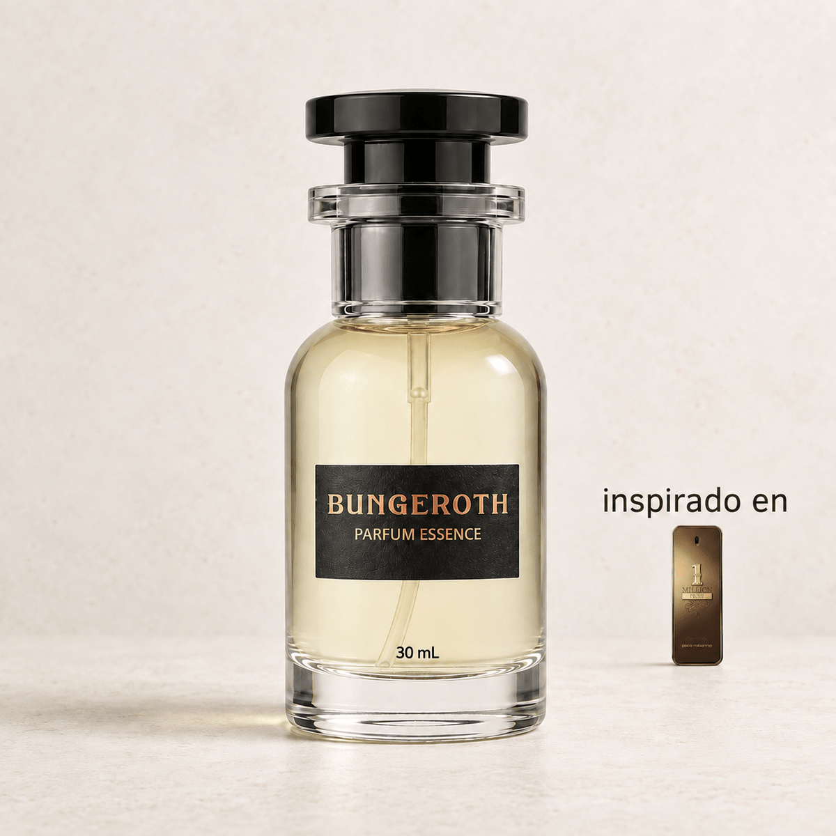 Oro Intenso (Paco Rabanne One Million Privé men) — envase Bungeroth 30 mL sobre piedra clara