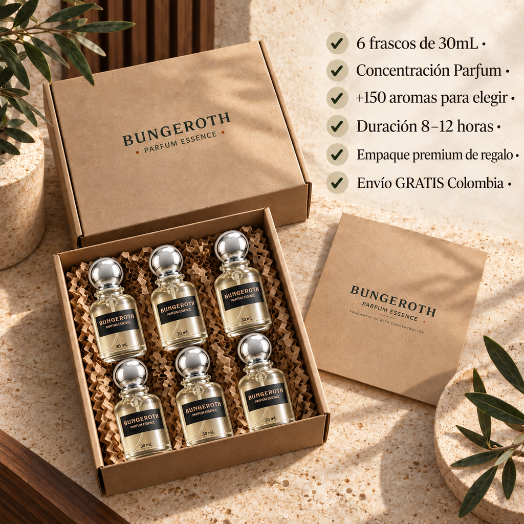 Contenido del pack Bungeroth: seis perfumes de 30 mL y caja