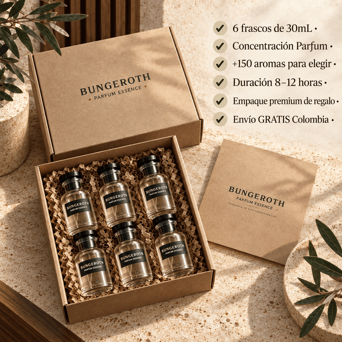 Contenido del pack Bungeroth: seis perfumes de 30 mL y caja
