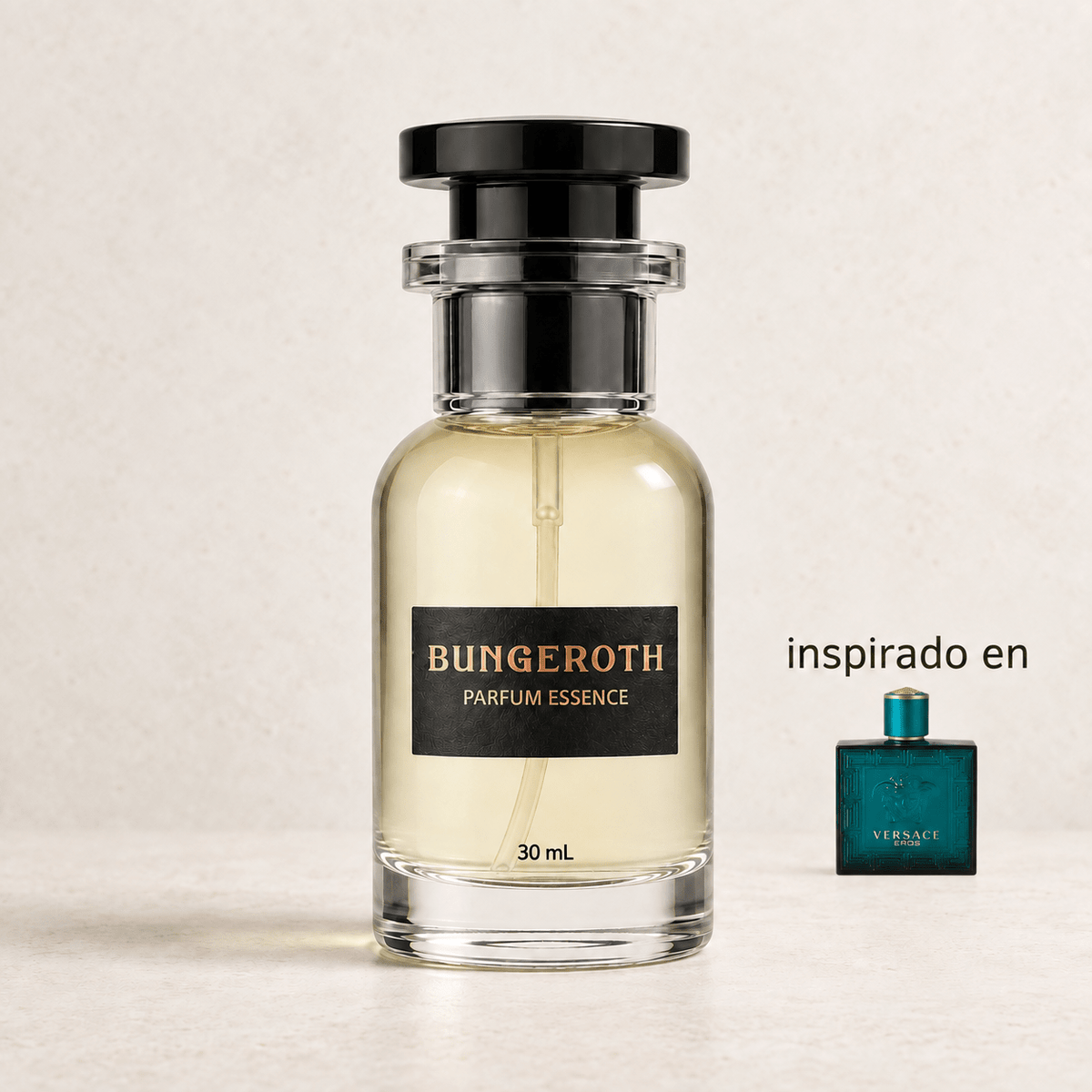 Pasión Mítica (Inspirado Versace Eros men) — envase Bungeroth 30 mL sobre piedra clara