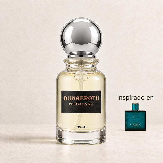 Pasión Mítica (Inspirado Versace Eros men) — envase Bungeroth 30 mL sobre piedra clara