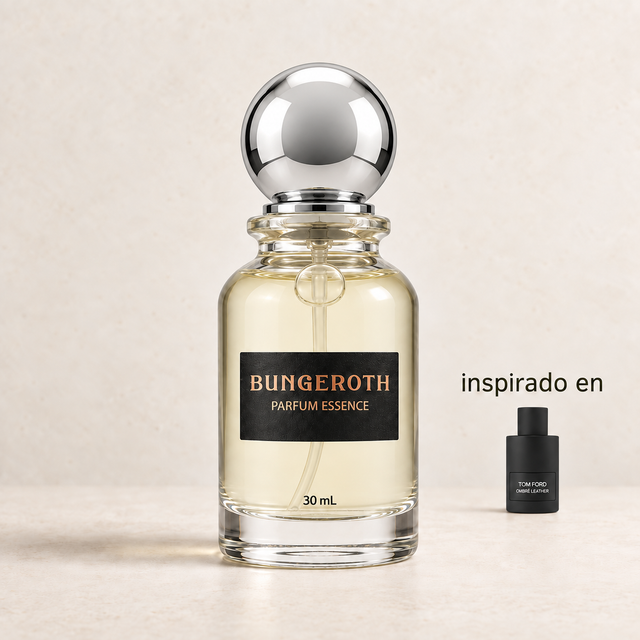 Piel de Medianoche (Inspirado en Tom Ford Ombré Leather) — envase Bungeroth 30 mL sobre piedra clara