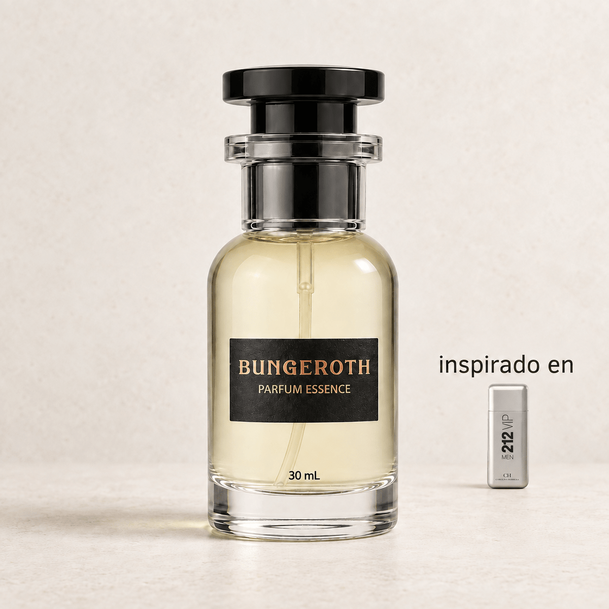 Privé Urbano (Inspirado Ch 212 Vip  men) — envase Bungeroth 30 mL sobre piedra clara