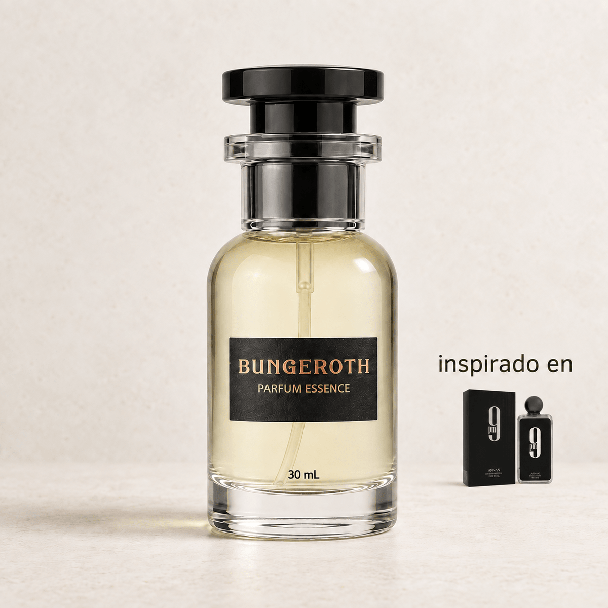 Pulso Nocturno (Inspirado en Afnan 9PM – Hombre) — envase Bungeroth 30 mL sobre piedra clara