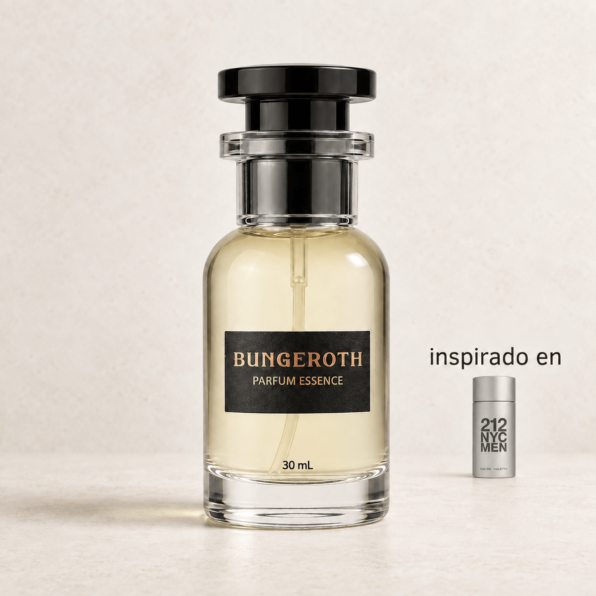 Pulso Urbano(Inspirado Ch 212 Nyc men) — envase Bungeroth 30 mL sobre piedra clara