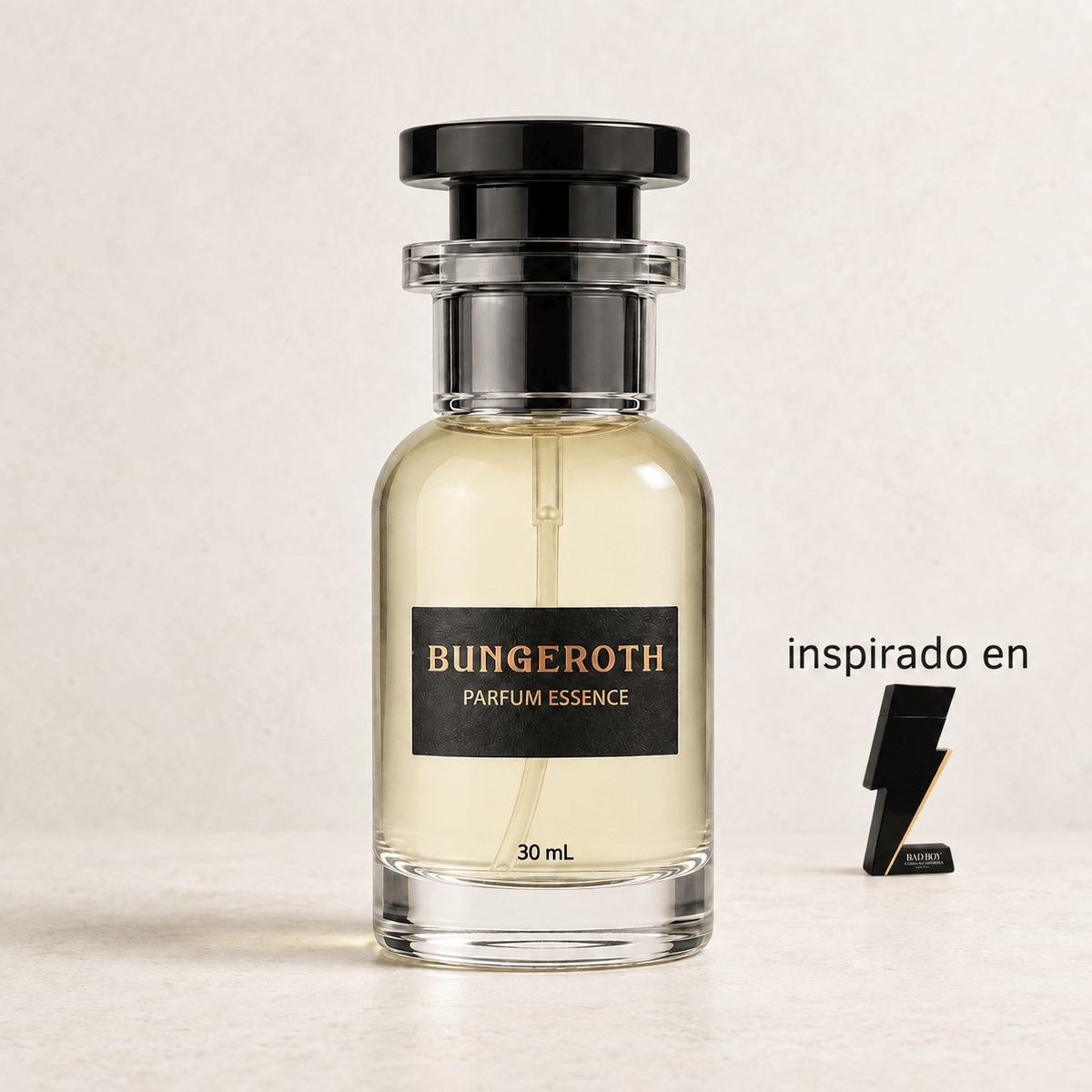 Rebelde Elegante(Inspirado en Ch Bad Boy Men) — envase Bungeroth 30 mL sobre piedra clara
