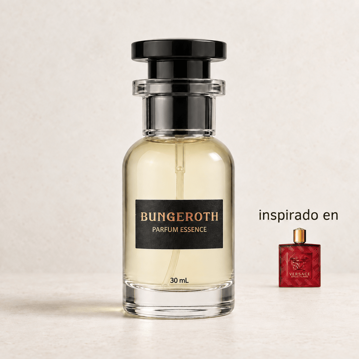 Red Intense (Inspirado en Versace Eros Flame men) — envase Bungeroth 30 mL sobre piedra clara