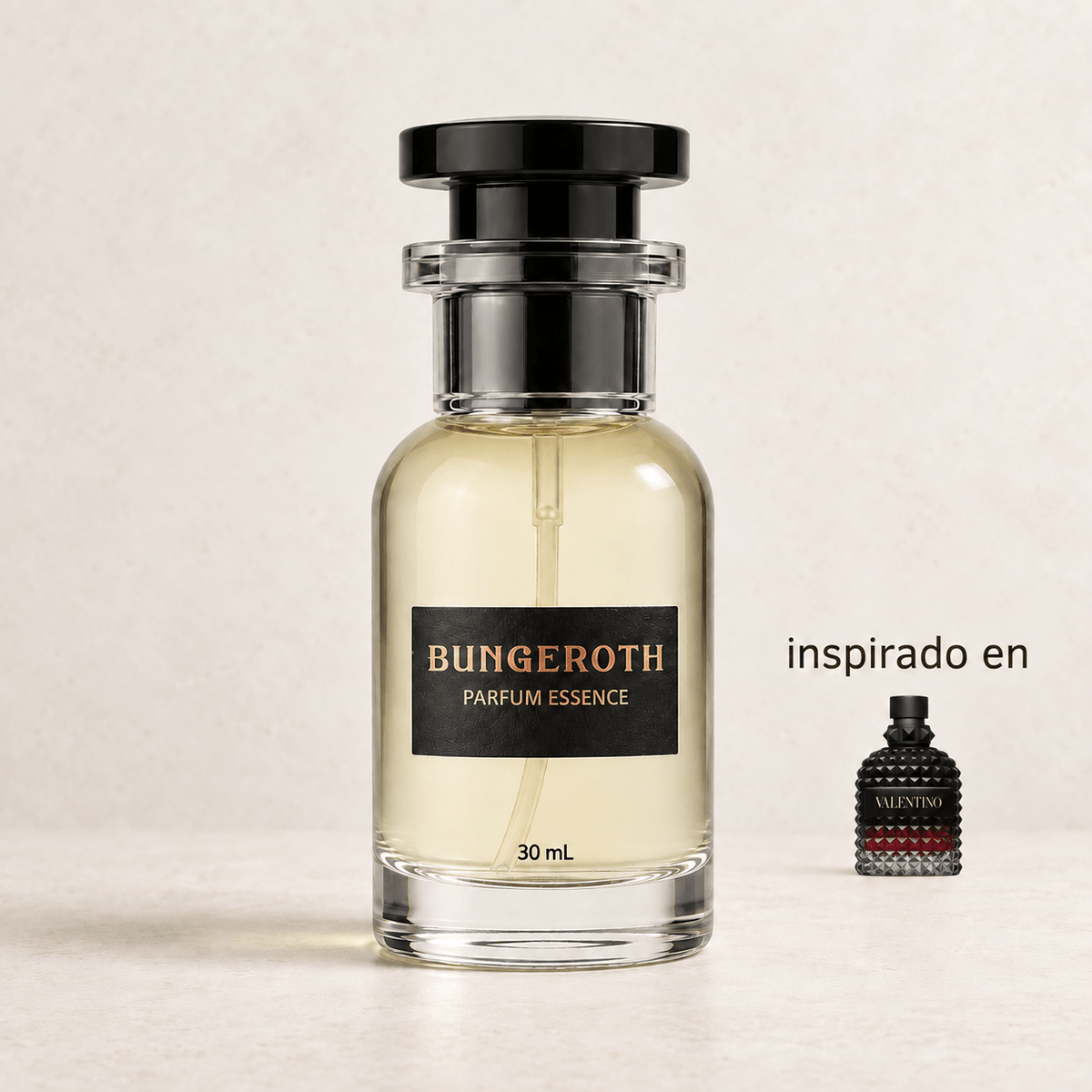Roma Vibe (Inspirado en Valentino Born in Roma) — envase Bungeroth 30 mL sobre piedra clara