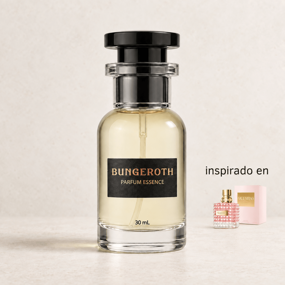 Rosa Couture (Inspirado en Valentino Donna – Mujer) — envase Bungeroth 30 mL sobre piedra clara