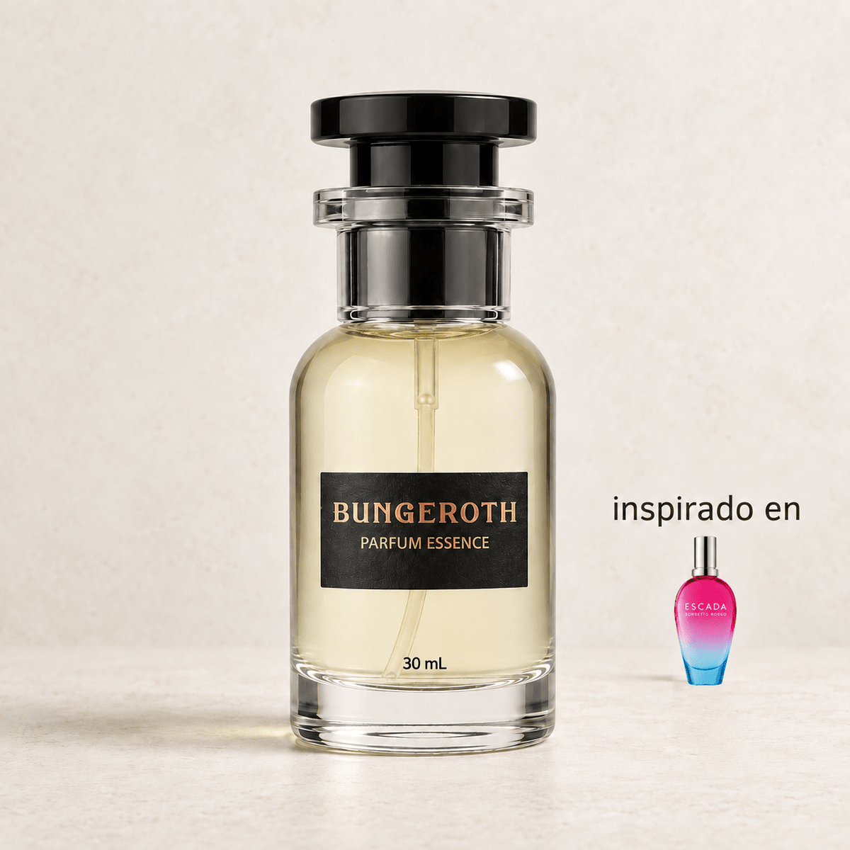 Rosa Refrescante(Inspirado en Escada Sorbeto Roso Dama) — envase Bungeroth 30 mL sobre piedra clara