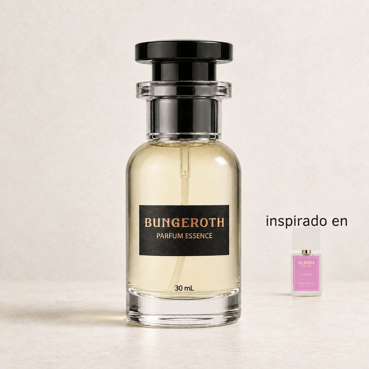 Rosas Eternas(Inspirado en Ilmin Il Roso Unisex) — envase Bungeroth 30 mL sobre piedra clara