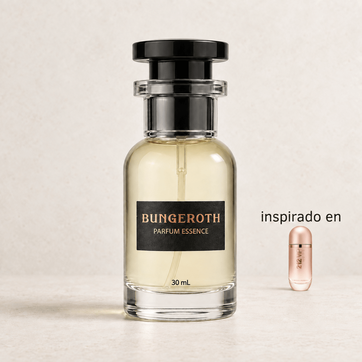 Rosé Exclusivo(Inspirado en CH 212 VIP Rose Dama) — envase Bungeroth 30 mL sobre piedra clara