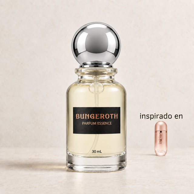 Rosé Exclusivo(Inspirado en CH 212 VIP Rose Dama) — envase Bungeroth 30 mL sobre piedra clara
