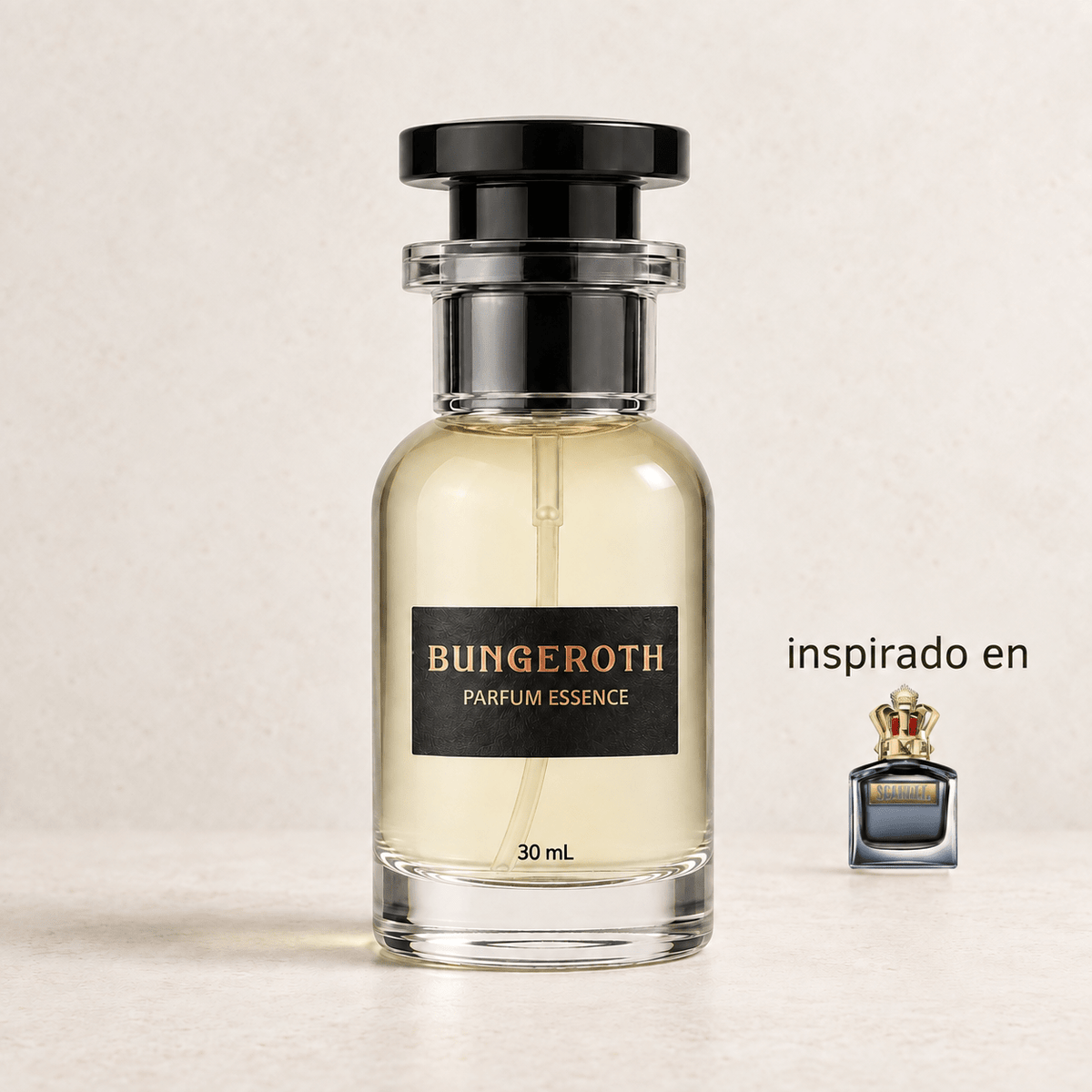 Royal Impact (Jean Paul Gaultier Scandal men) — envase Bungeroth 30 mL sobre piedra clara