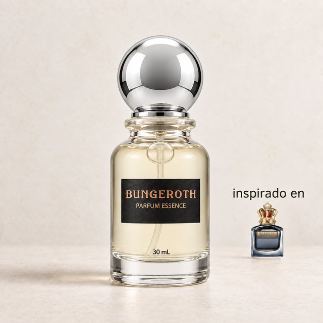 Royal Impact (Jean Paul Gaultier Scandal men) — envase Bungeroth 30 mL sobre piedra clara