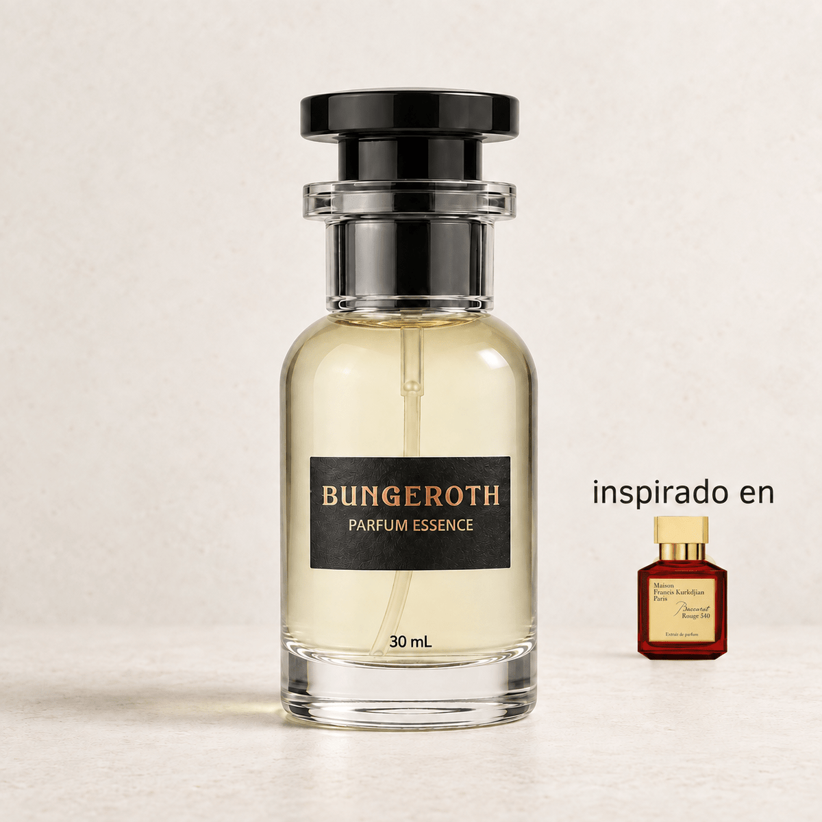 Rubí Lujoso(Inspirado en Baccarat Rouge Unisex) — envase Bungeroth 30 mL sobre piedra clara