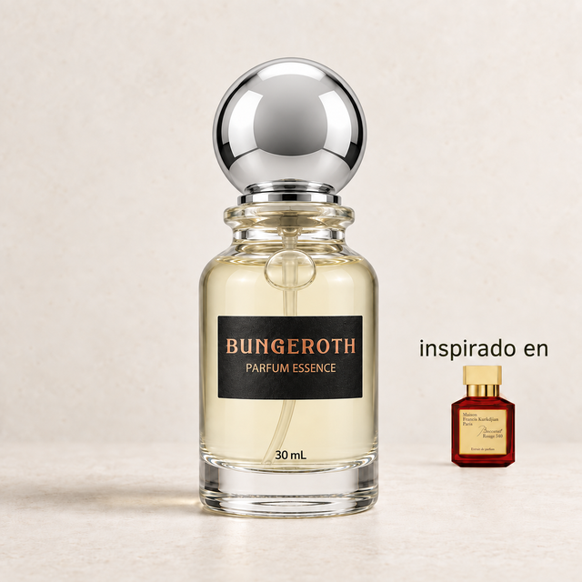 Rubí Lujoso(Inspirado en Baccarat Rouge Unisex) — envase Bungeroth 30 mL sobre piedra clara