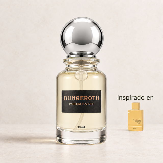 Secreto Ámbar(Inspirado en Al Haramain Amber Rouge Unisex) — envase Bungeroth 30 mL sobre piedra clara