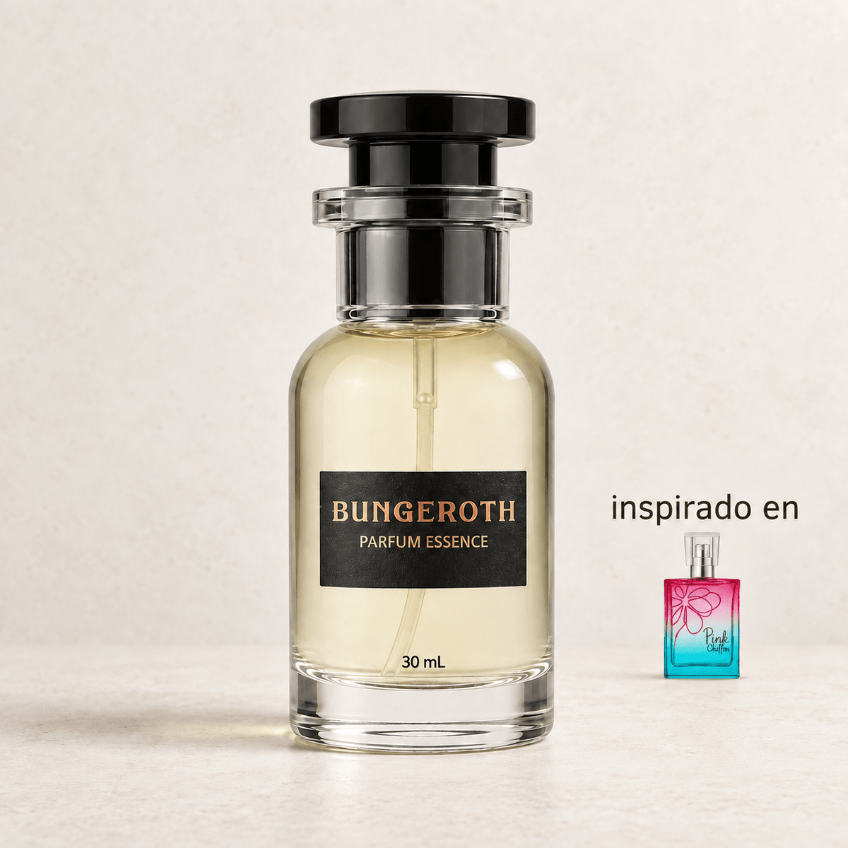 Sueño en Rosa(Inspirado en BYB Pink Chiffon Dama) — envase Bungeroth 30 mL sobre piedra clara